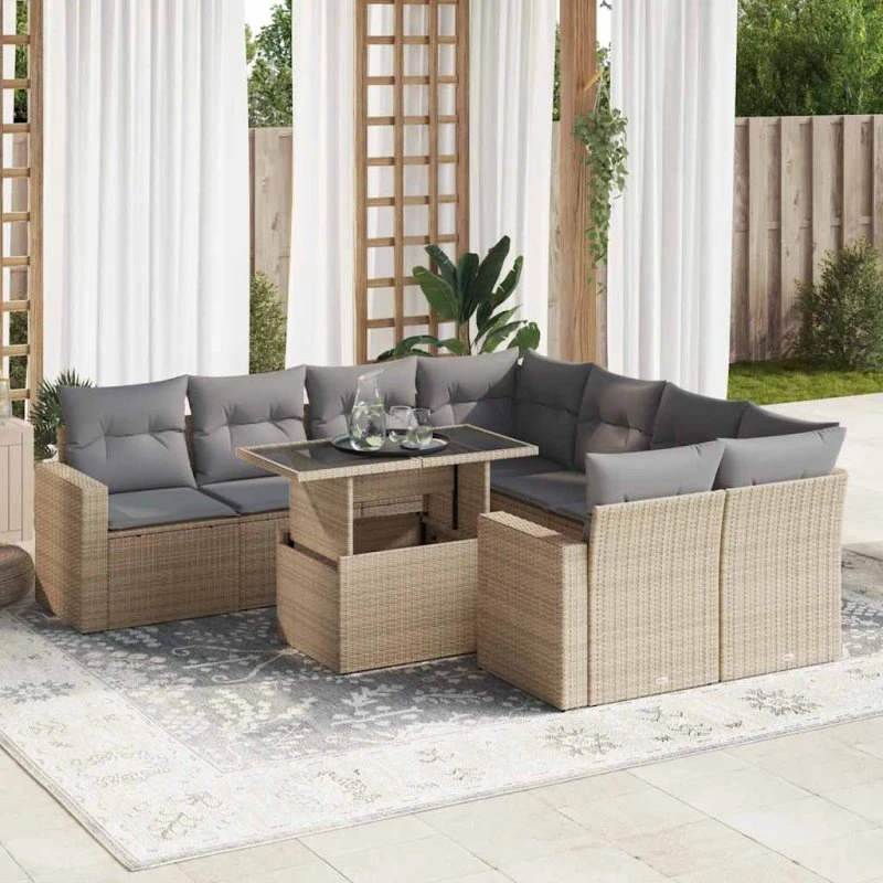 vidaXL 9-deligt polyrattan sofasæt med hynder, beige