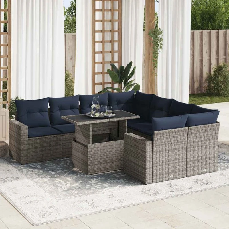 vidaXL 9-deles havesofasæt med hynder i polyrattan og akacietræ, grå