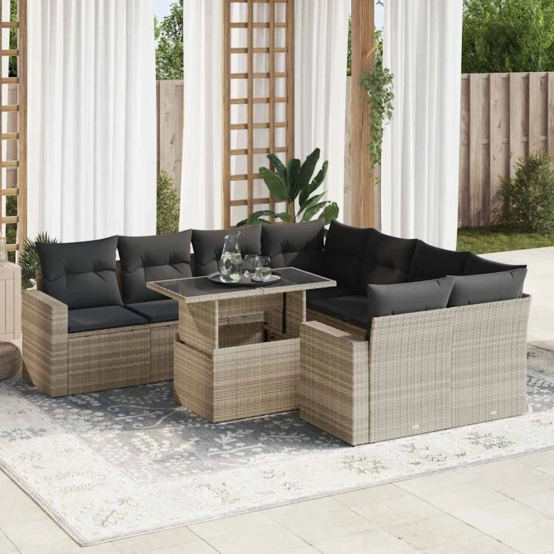 vidaXL 9-delers havemøbelsæt med hynder, lysegrå, polyrattan