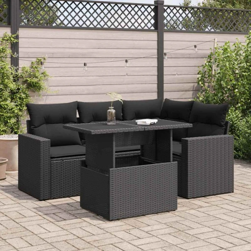 vidaXL 5-deles sofasæt med hynder i polyrattan, sort