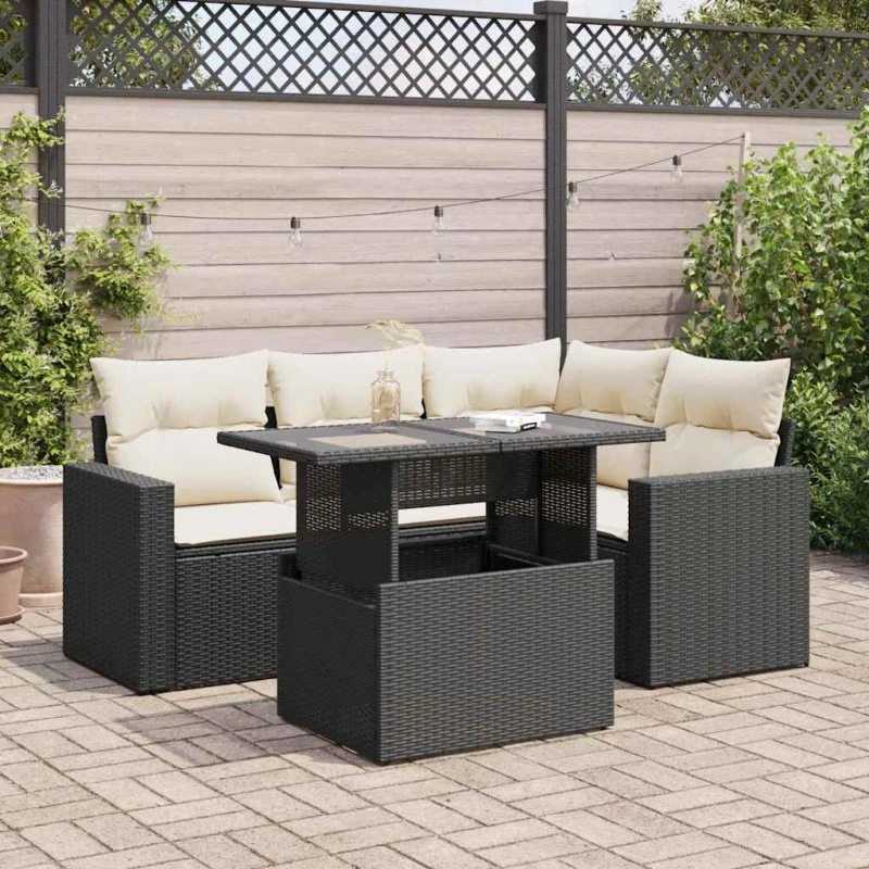 vidaXL 5-deles sofasæt med hynder i polyrattan, sort