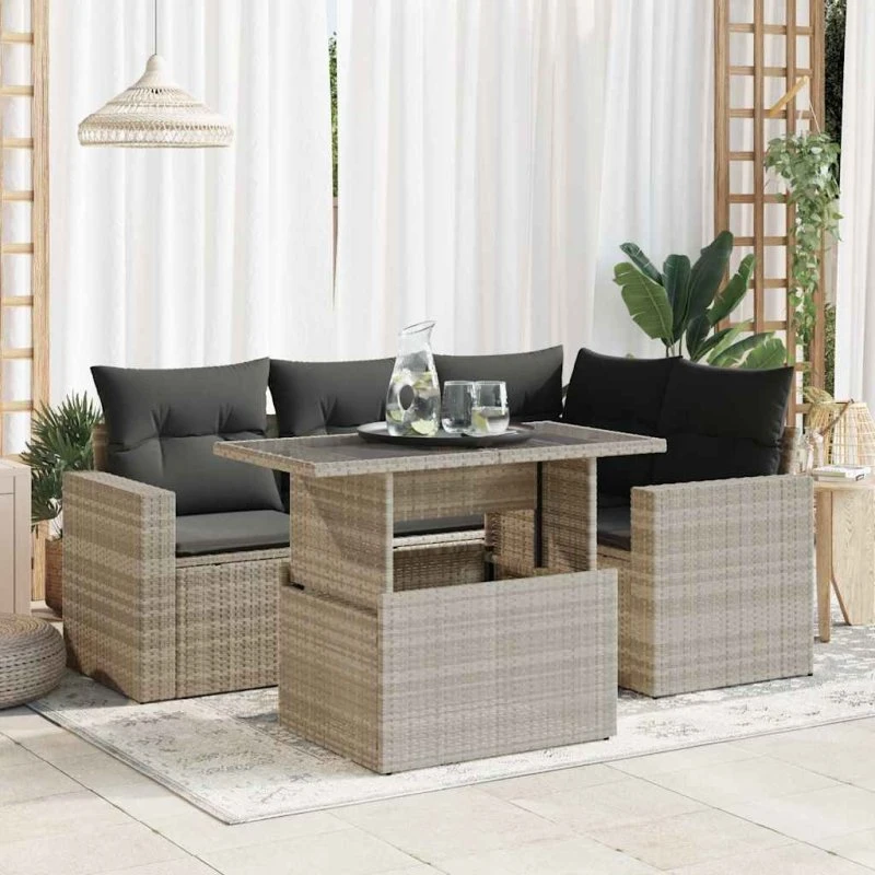 vidaXL 5-deles sofasæt med hynder polyrattan lysegrå