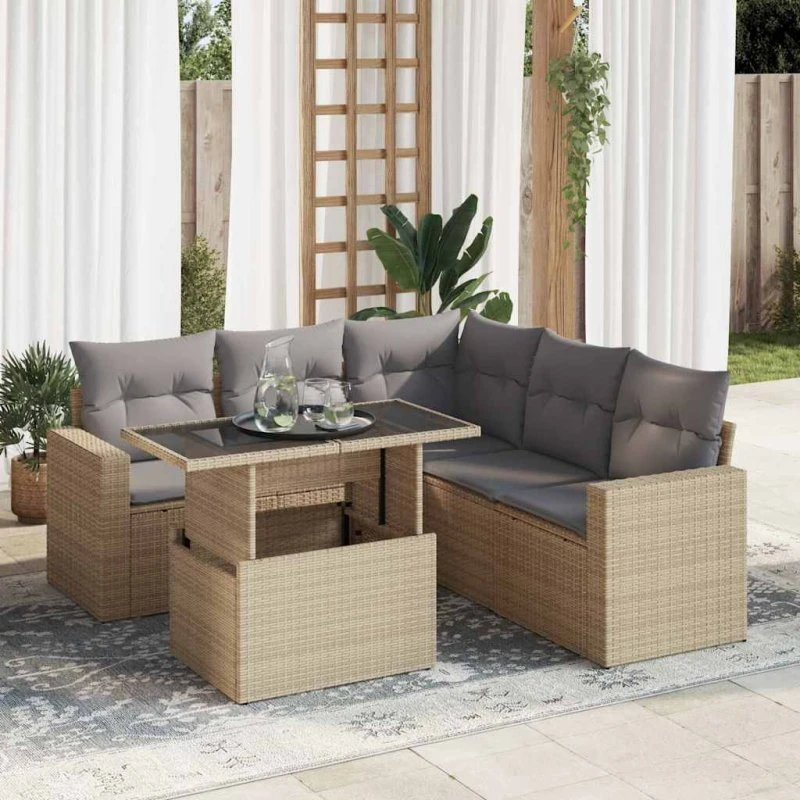 vidaXL 6-delssofasæt med hynder, polyrattan beige
