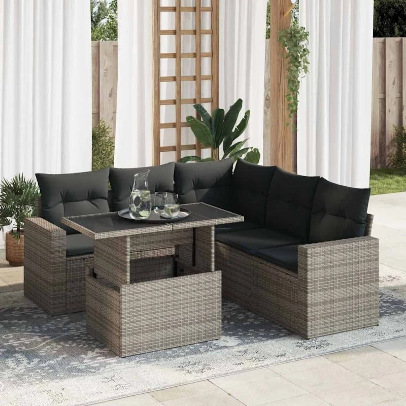vidaXL 6-delssofasæt med hynder, polyrattan grå