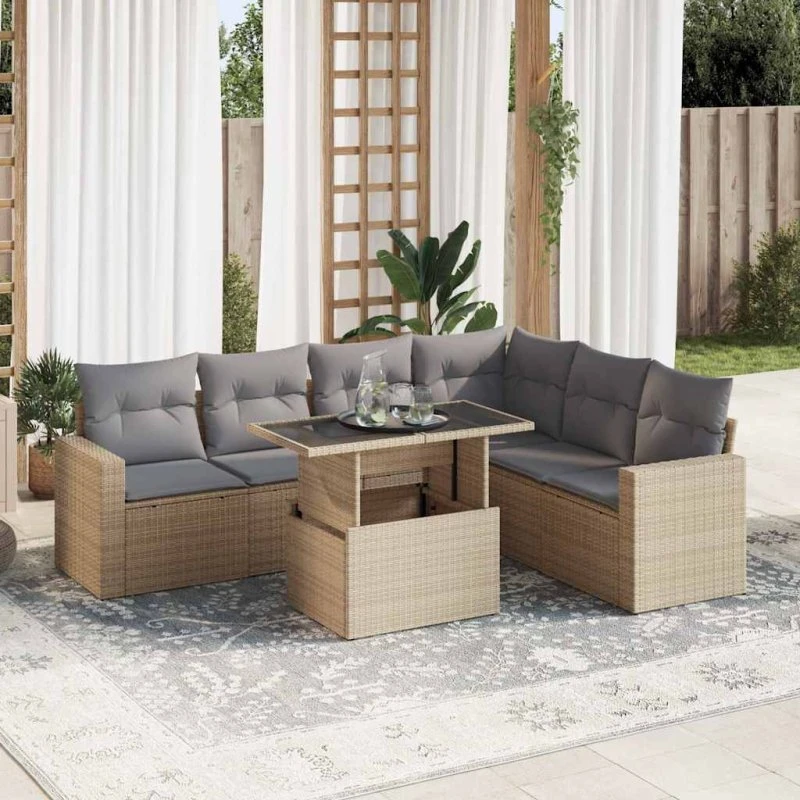 vidaXL 7-delers polyrattan havesofasæt beige med hynder