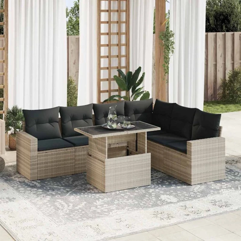 vidaXL 7-deles havesofasæt med hynder, polyrattan lysegrå