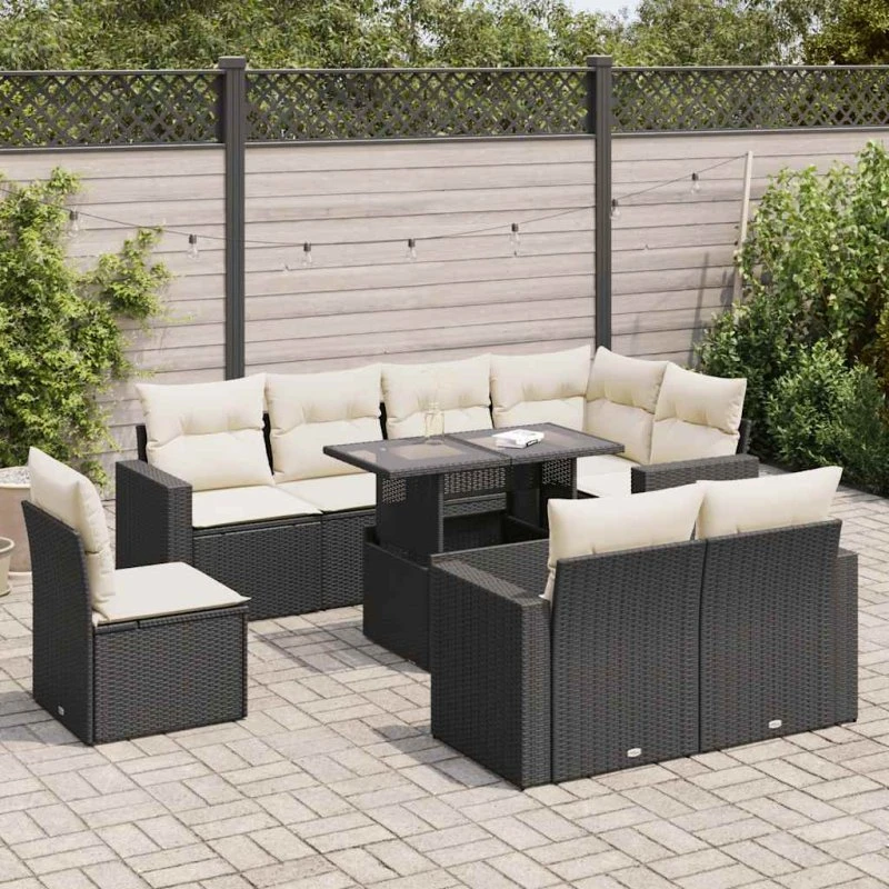 vidaXL 9-delssofasæt med hynder, polyrattan, sort