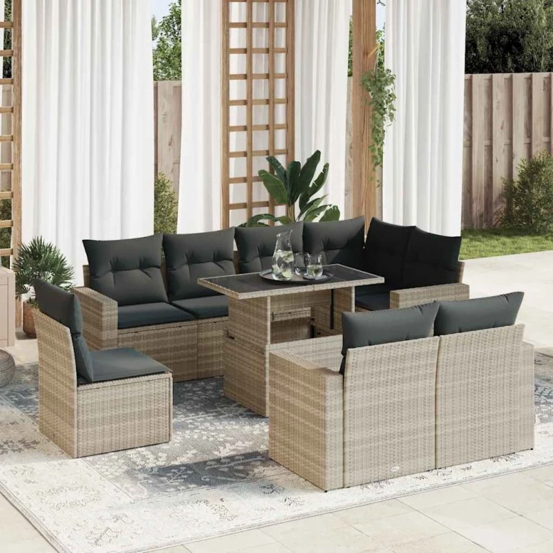 vidaXL 9-delssofasæt med hynder, lysegrå, polyrattan