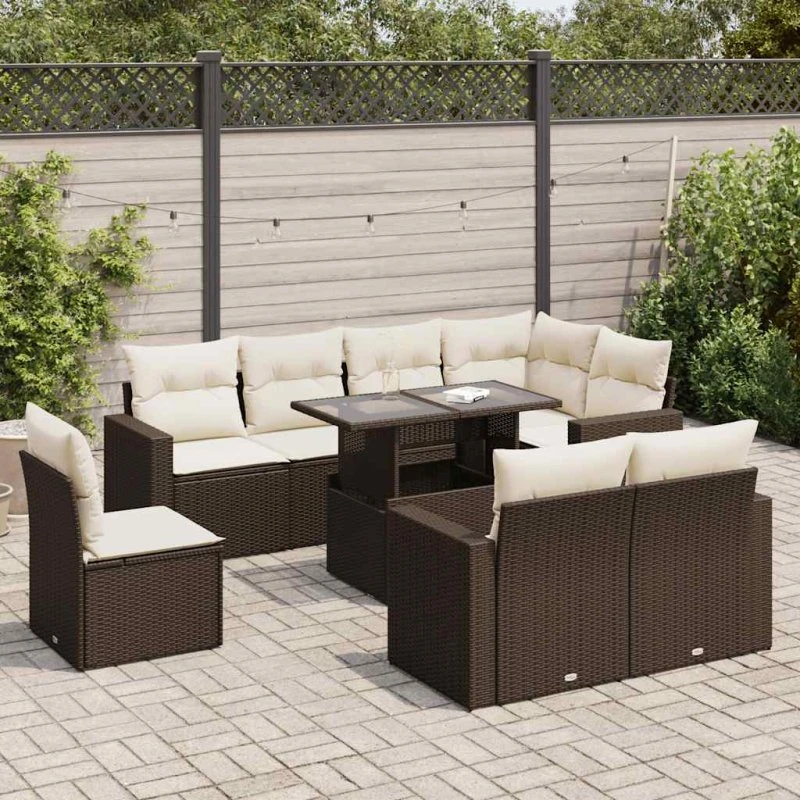 vidaXL 9-delssofasæt med hynder i polyrattan brun