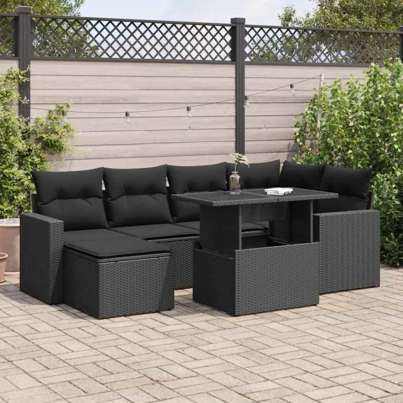 vidaXL 7-delssofasæt med hynder, polyrattan sort