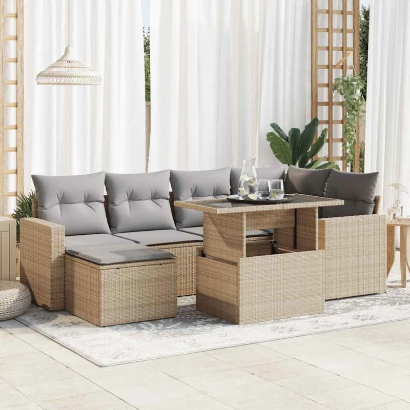 vidaXL 7-delssofasæt med hynder, polyrattan beige