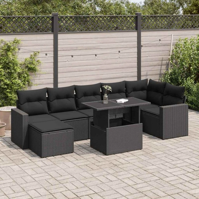 vidaXL 8-delssofasæt med hynder, polyrattan, sort