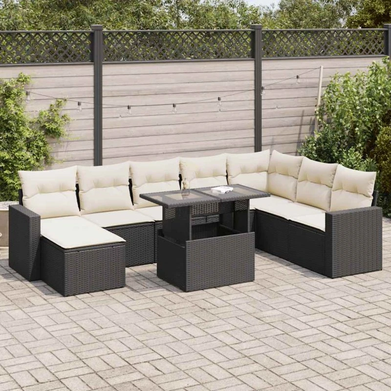 vidaXL 9-delssofasæt med hynder, polyrattan, sort
