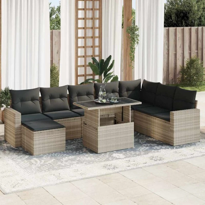 vidaXL 9-delssofasæt med hynder, lysegrå, polyrattan