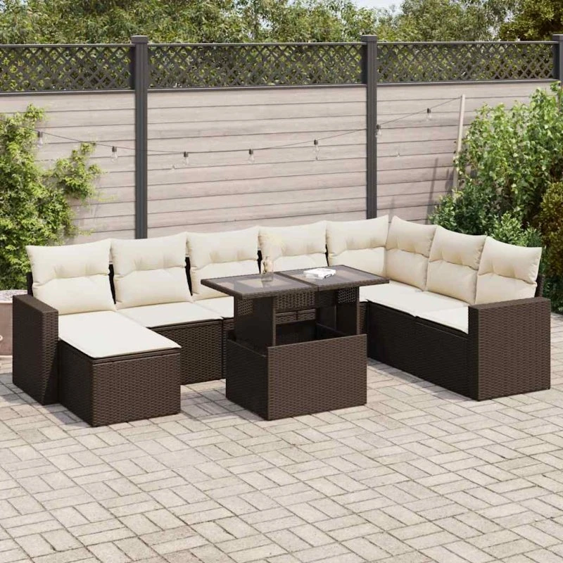 vidaXL 9-delssofasæt med hynder, polyrattan brun