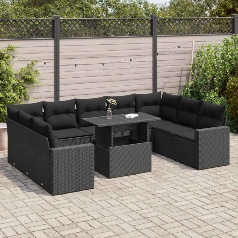 vidaXL 10-delssofasæt med hynder i polyrattan, sort