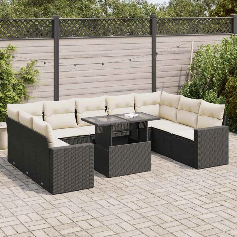 vidaXL 10-delssofasæt med hynder i polyrattan, sort