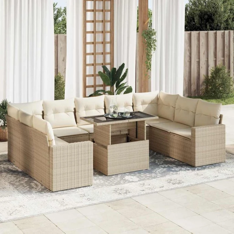 vidaXL 10-delssofasæt med hynder i polyrattan beige