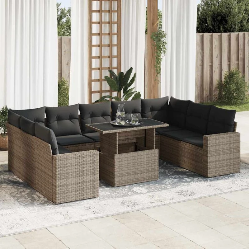 vidaXL 10-delssofasæt med hynder i polyrattan grå