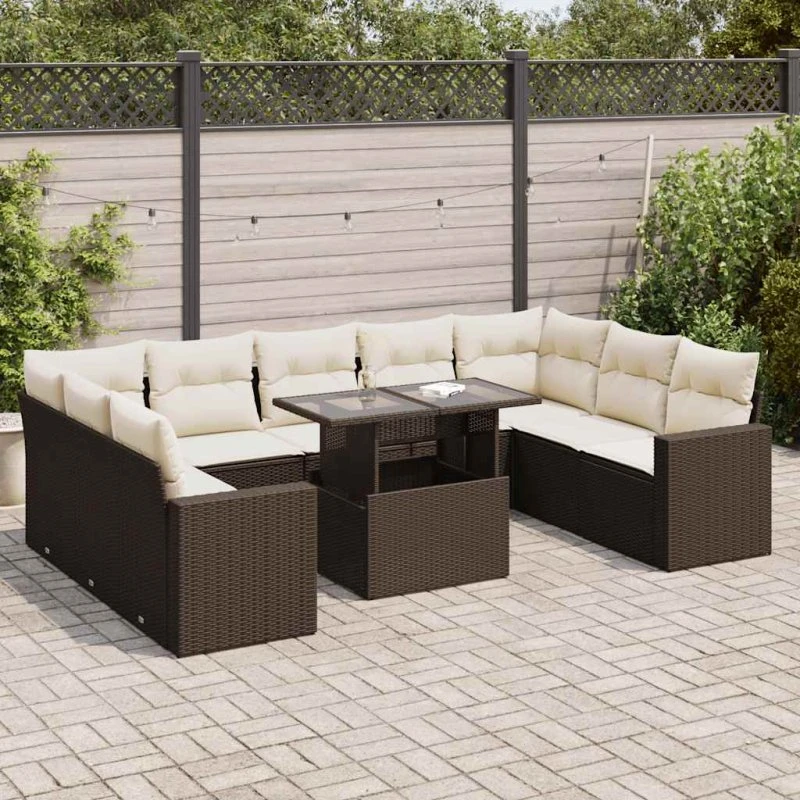 vidaXL 10-delssofasæt med hynder polyrattan brun