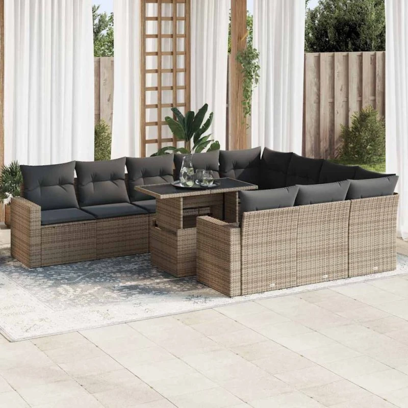 vidaXL 11-delssæt med hynder i polyrattan grå