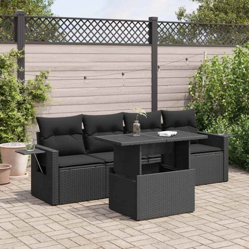 vidaXL 5-delssofasæt med hynder, polyrattan, sort