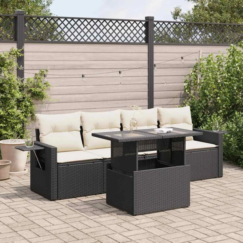 vidaXL 5-delssofasæt med hynder, polyrattan, sort