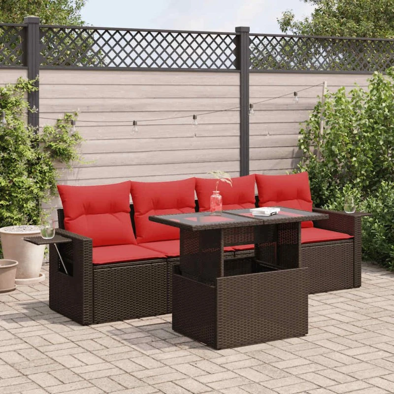 vidaXL 5-delssofasæt polyrattan brun med hynder