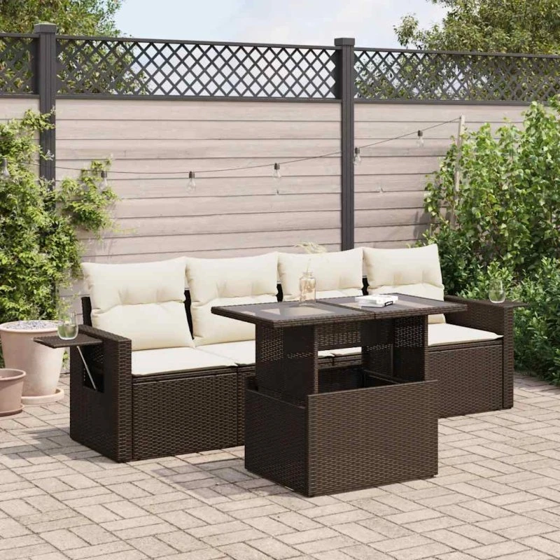 vidaXL 5-delssofasæt med hynder, polyrattan brun