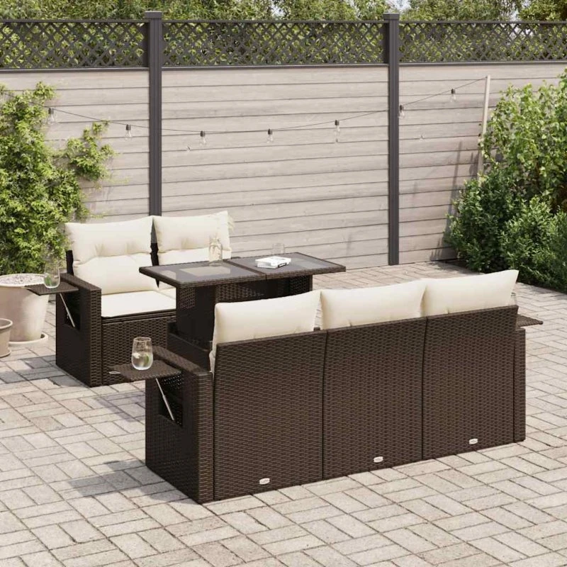 vidaXL 6-delssofasæt med hynder polyrattan brun
