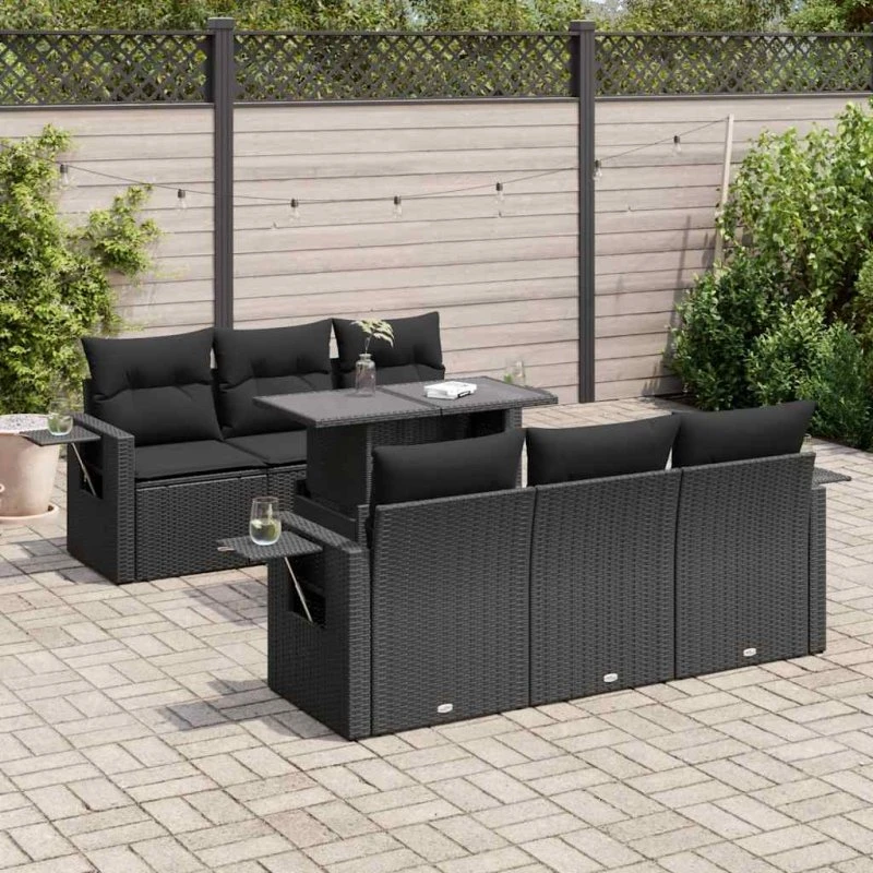 vidaXL 7-deles havesofasæt med hynder, polyrattan, sort