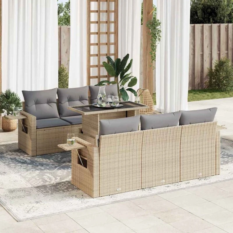 vidaXL 7-delssofasæt med hynder, polyrattan beige