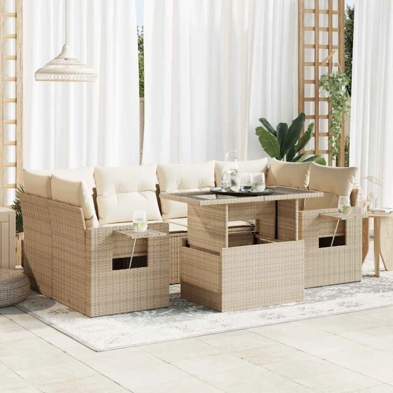 vidaXL 7-delssofasæt med hynder, polyrattan beige