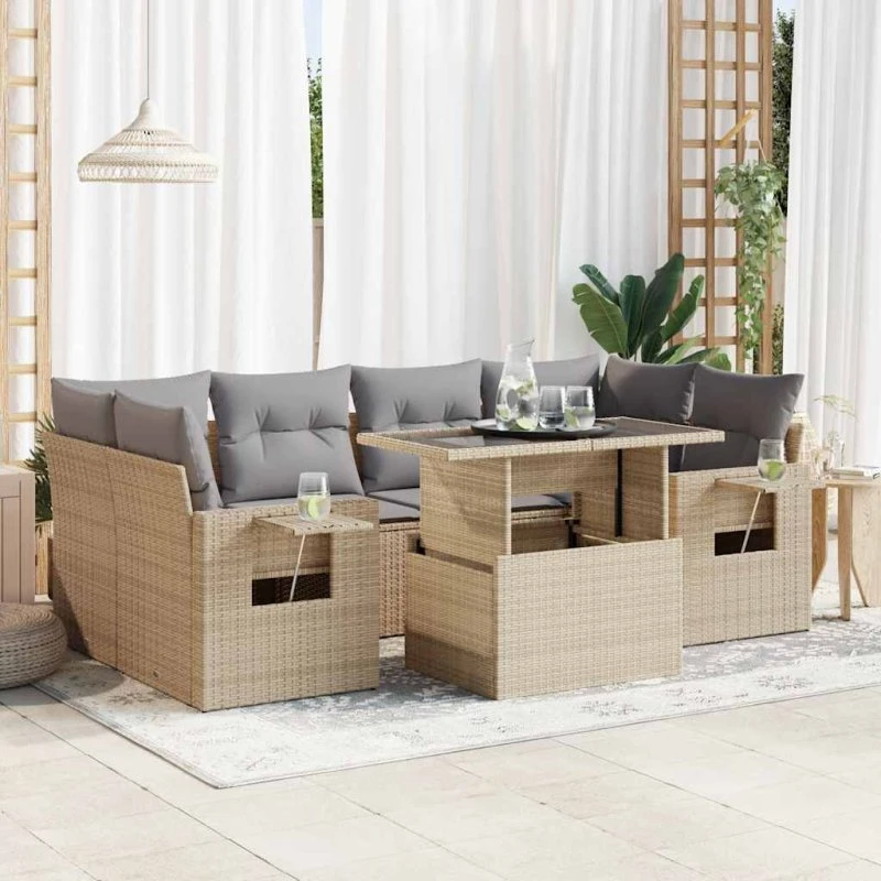 vidaXL 7-deles polyrattan sofasæt med hynder, beige