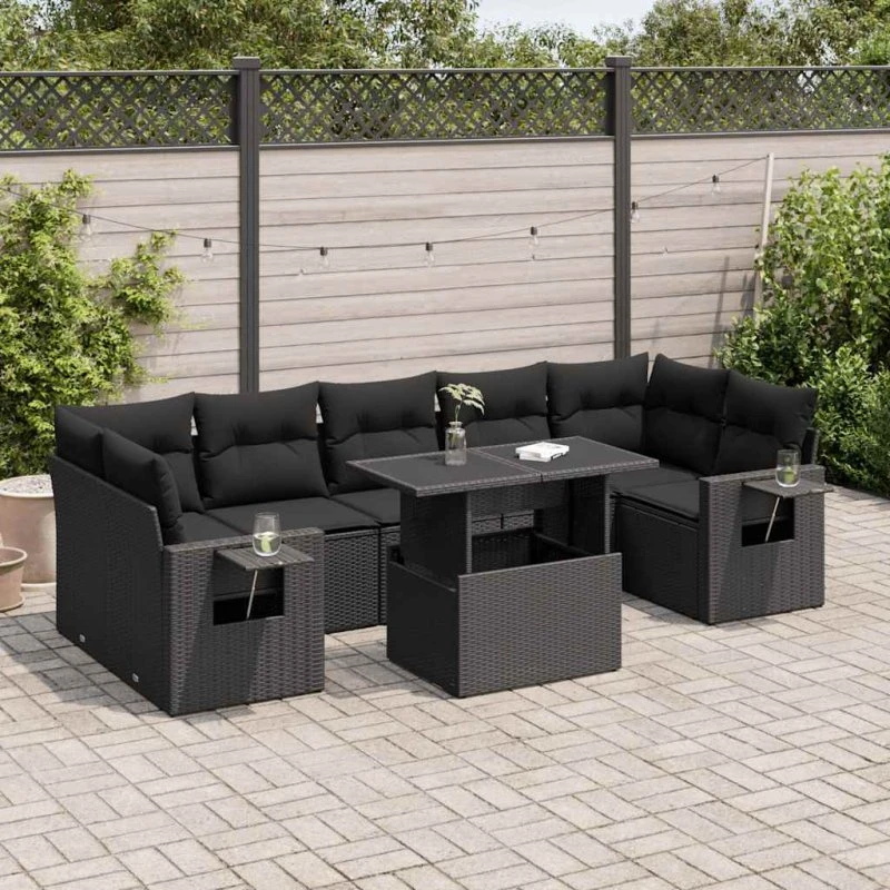 vidaXL 8-delssofasæt med hynder, polyrattan, sort