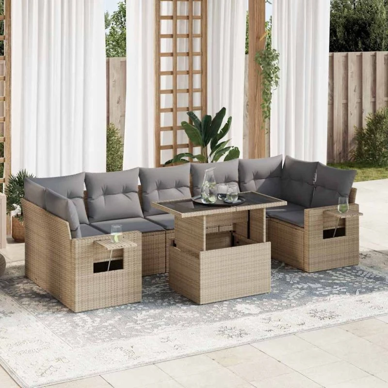 vidaXL 8-delssofasæt med hynder, polyrattan, beige