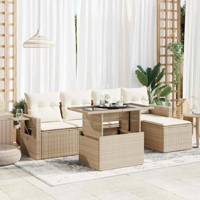 vidaXL 6-delssofasæt med hynder, polyrattan beige