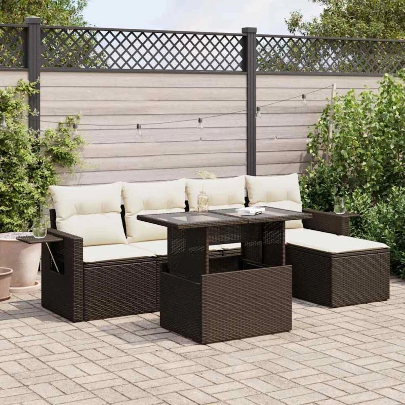 vidaXL 6-delssofasæt med hynder, polyrattan brun