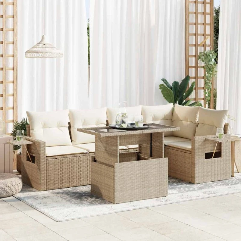 vidaXL 6-delssofasæt med hynder, polyrattan beige