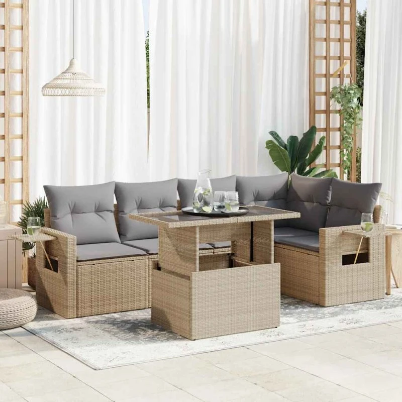 vidaXL 6-delssofasæt med hynder, polyrattan beige