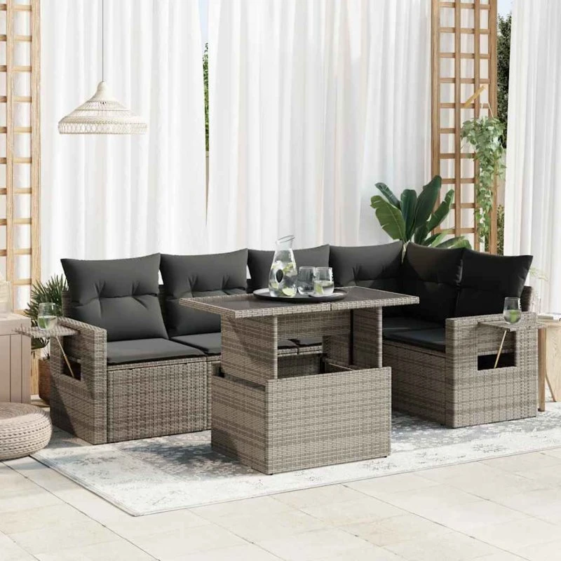 vidaXL 6-delssofasæt med hynder, polyrattan grå