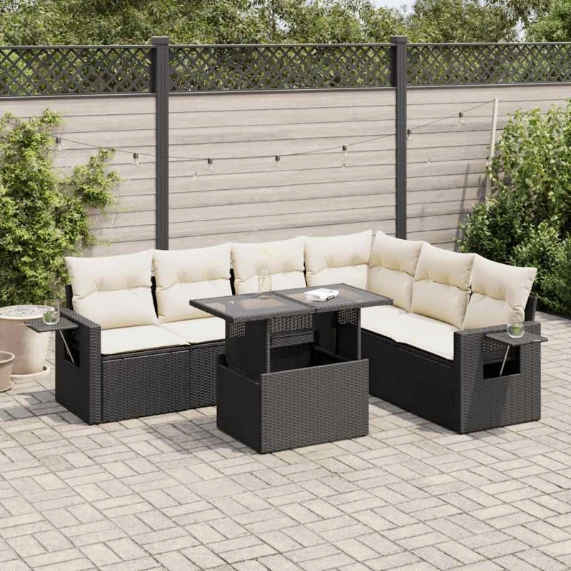 vidaXL 7-delssofasæt med hynder, polyrattan sort