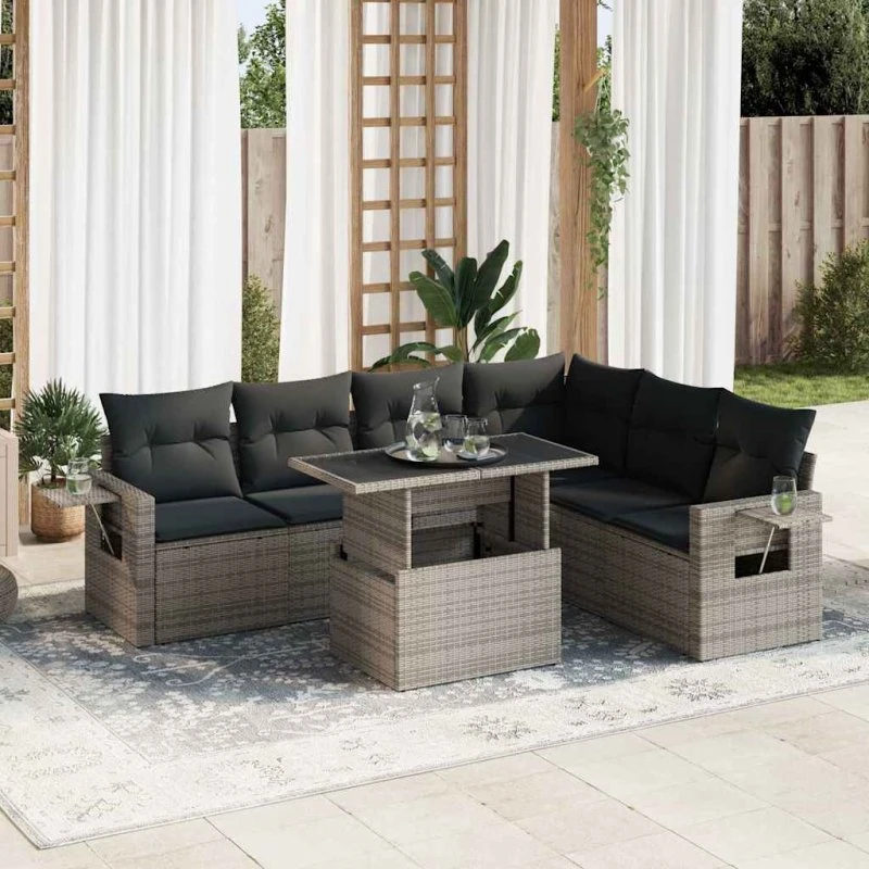 vidaXL 7-delsofasæt med hynder i polyrattan grå