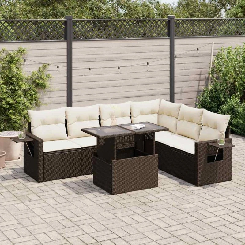 vidaXL 7-delssofasæt med hynder, polyrattan brun