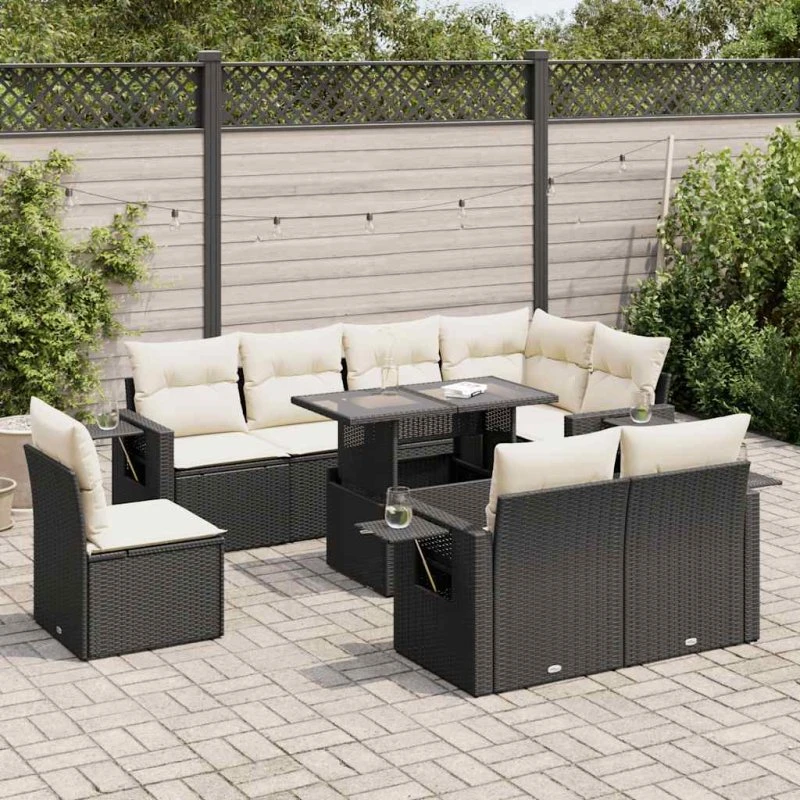 vidaXL 9-delssofasæt med hynder, polyrattan, sort
