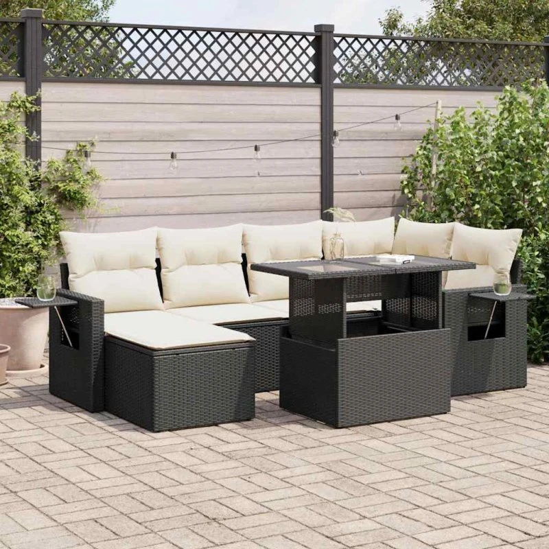 vidaXL 7-deles havesofasæt med hynder, polyrattan, sort