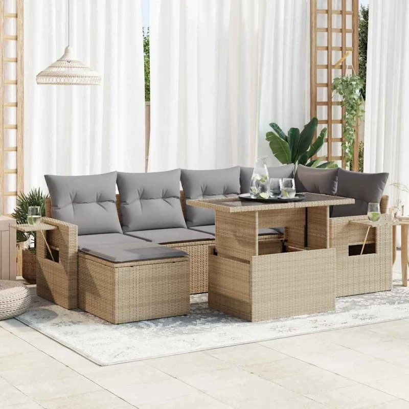 vidaXL 7-delssofasæt med hynder, polyrattan beige