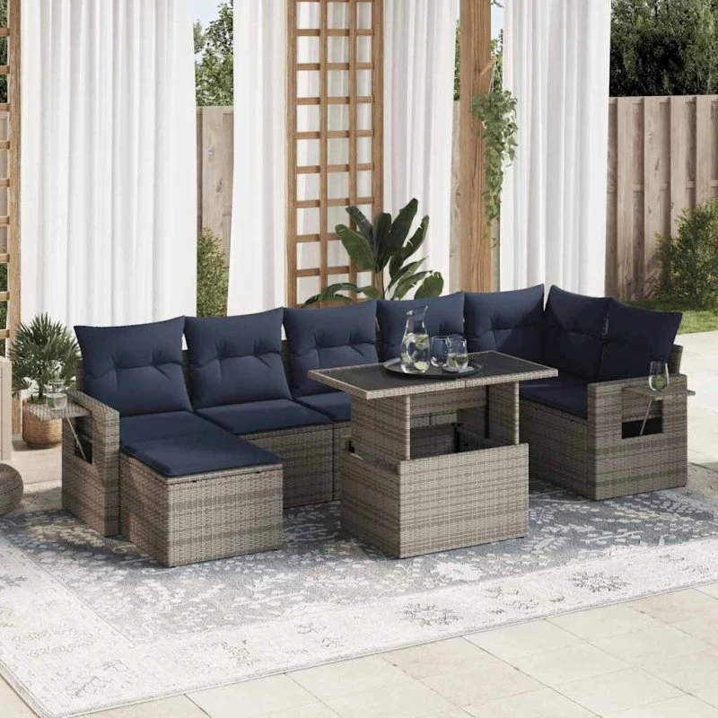 vidaXL 8-deligt sofasæt med hynder, polyrattan akacietræ, grå