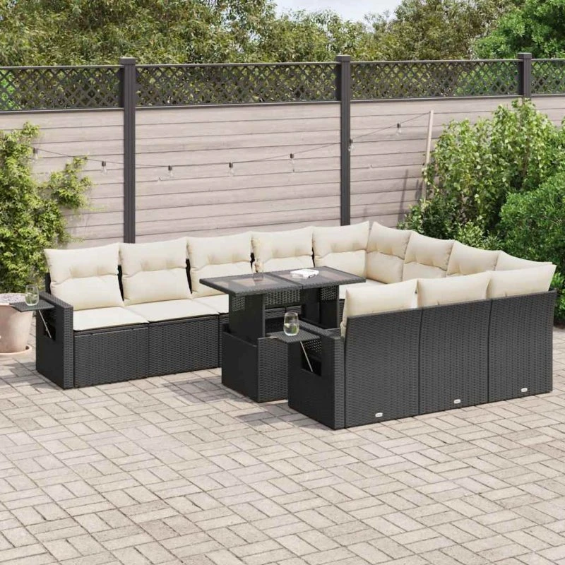 vidaXL 11-delssofasæt med hynder i polyrattan sort
