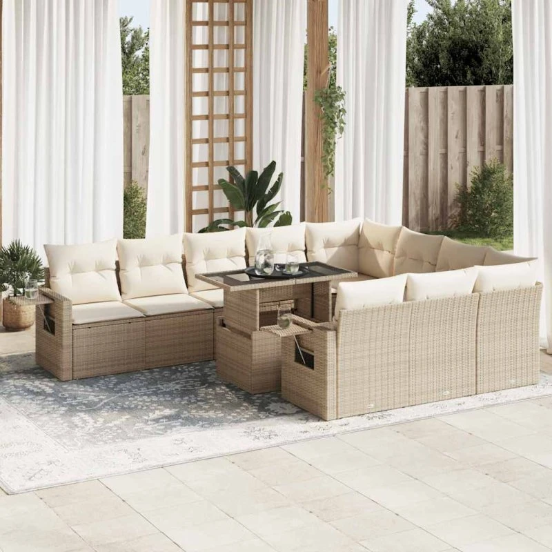 vidaXL 11-delssofasæt med hynder, polyrattan beige